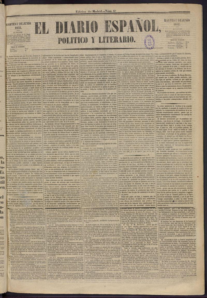 El Diario Espaol Poltico y Literario del 1 de junio de 1852, n 1