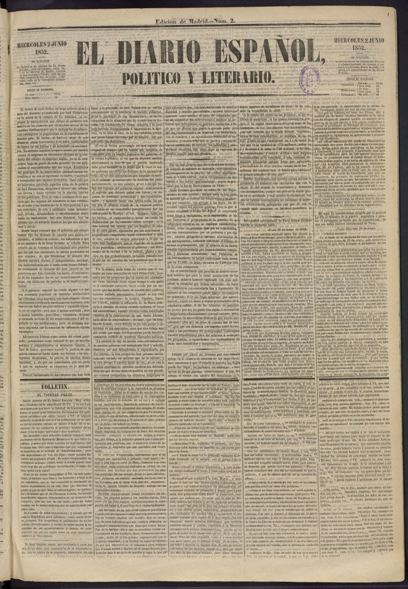 El Diario Espaol Poltico y Literario del 2 de junio de 1852, n 2