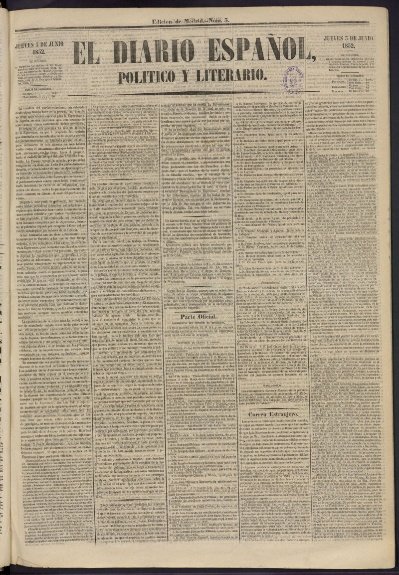 El Diario Espaol Poltico y Literario del 3 de junio de 1852, n 3