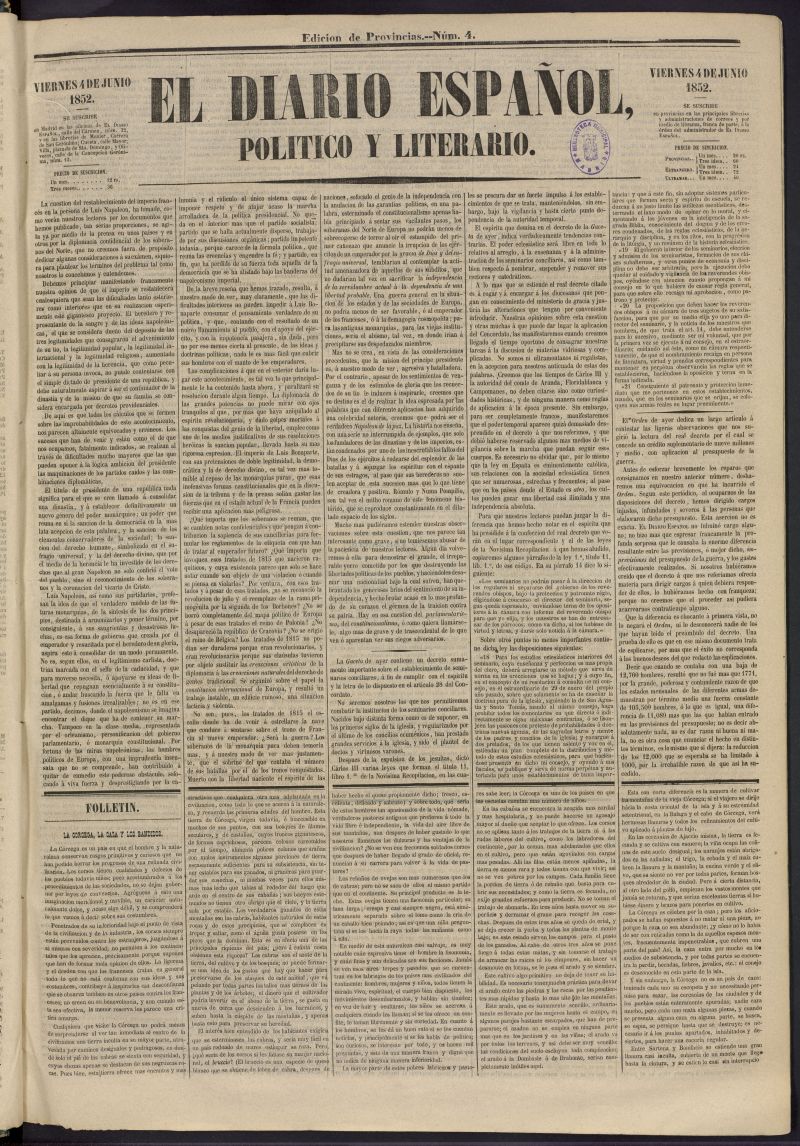 El Diario Espaol Poltico y Literario del 4 de junio de 1852, n 4