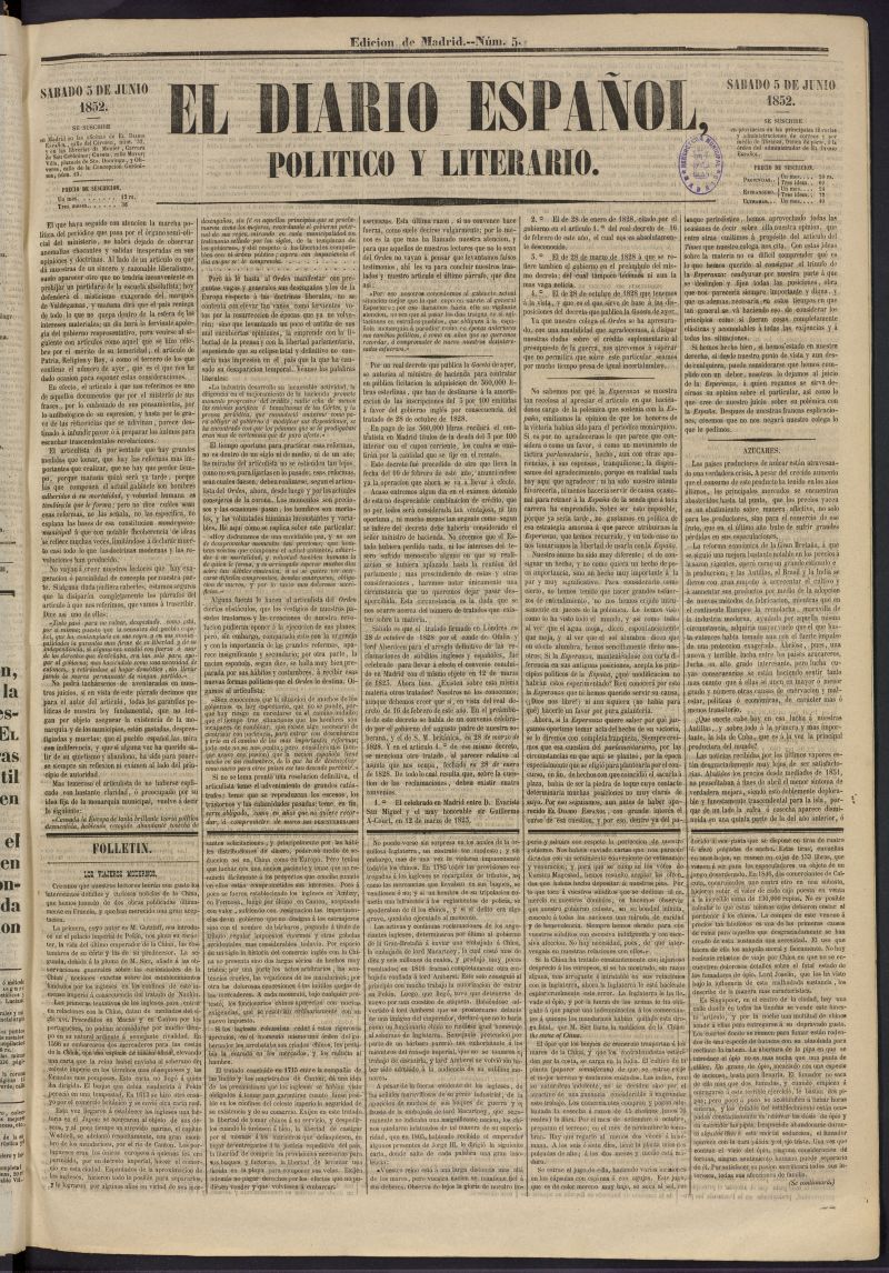 El Diario Espaol Poltico y Literario del 5 de junio de 1852, n 5