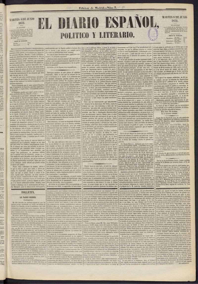 El Diario Espaol Poltico y Literario del 8 de junio de 1852, n 7