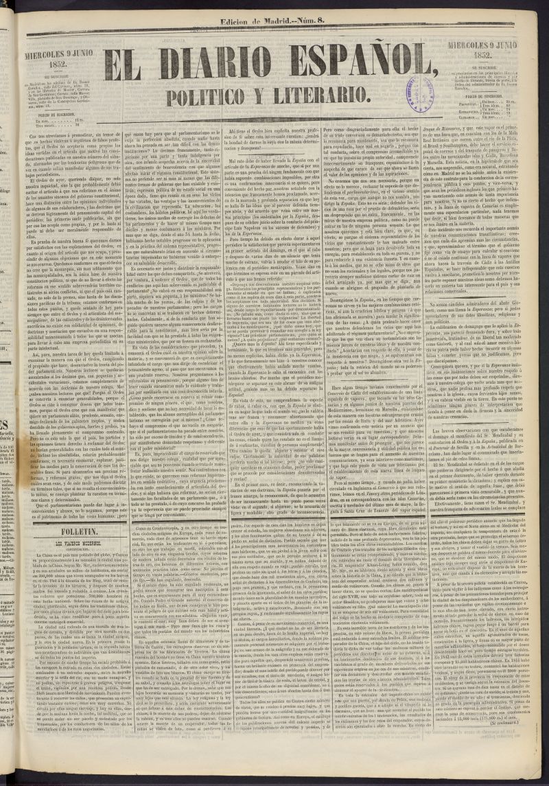 El Diario Espaol Poltico y Literario del 9 de junio de 1852, n 8