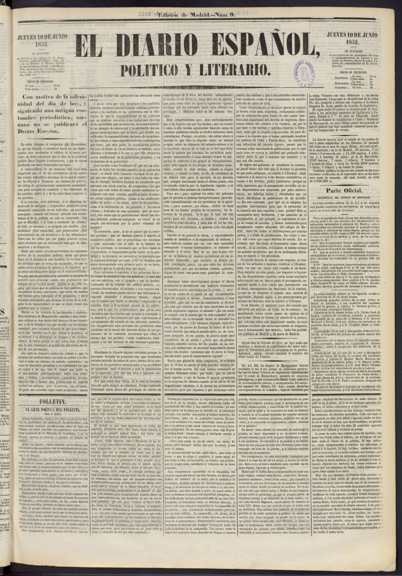 El Diario Espaol Poltico y Literario del 10 de junio de 1852, n 9