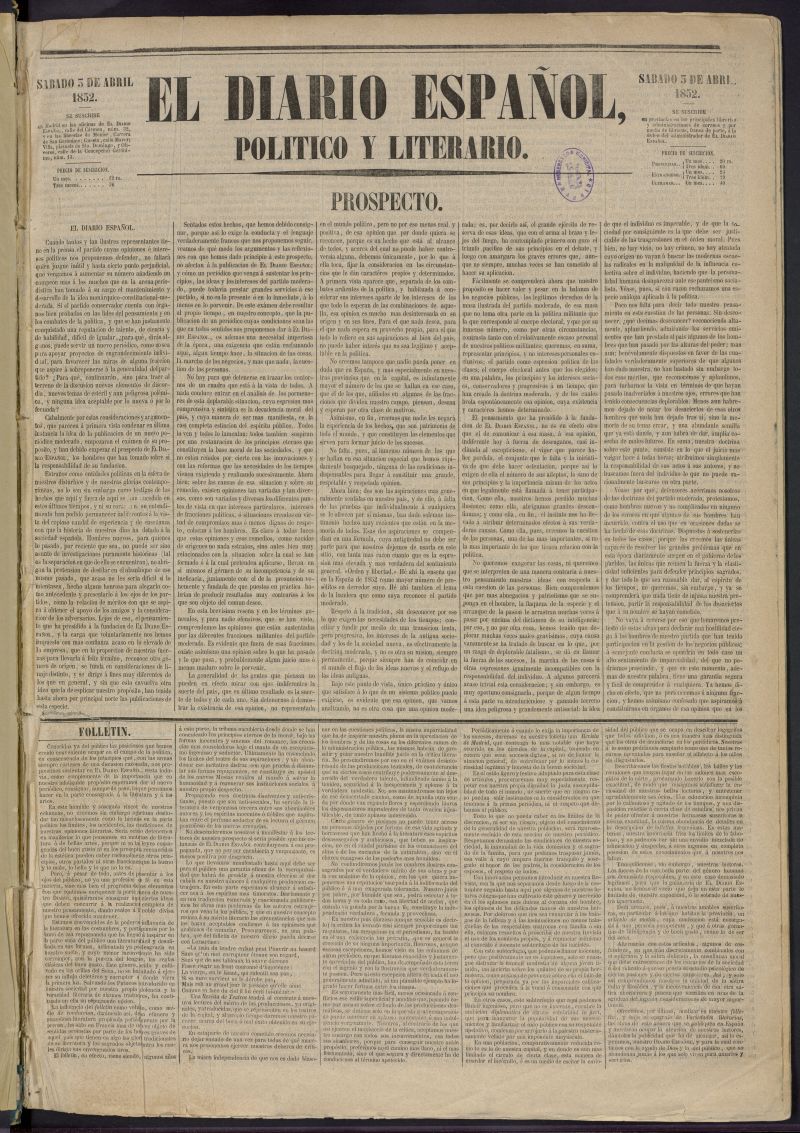 El Diario Espaol Poltico y Literario del 3 de abril de 1852, n prospecto
