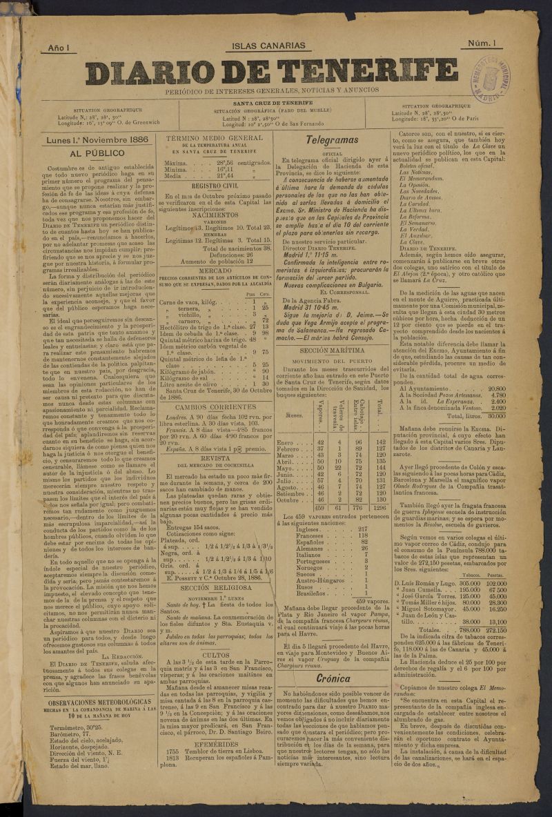 Diario de Tenerife: peridico de intereses generales, noticias y anuncios del 1 de noviembre de 1886, n 1