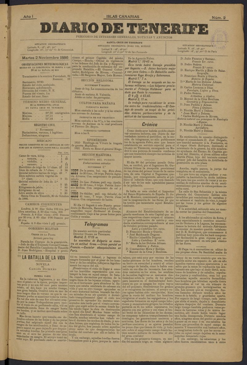 Diario de Tenerife: peridico de intereses generales, noticias y anuncios del 2 de noviembre de 1886, n 2