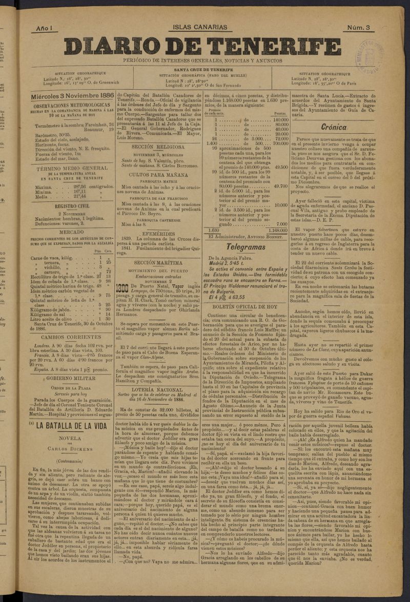 Diario de Tenerife: peridico de intereses generales, noticias y anuncios del 3 de noviembre de 1886, n 3