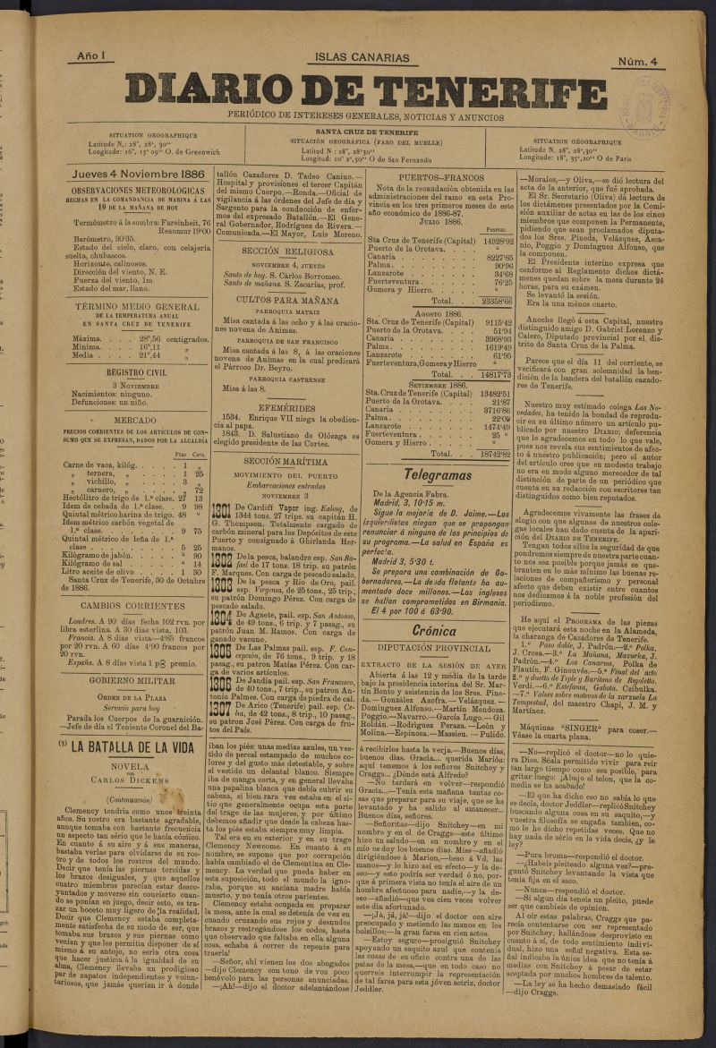 Diario de Tenerife: peridico de intereses generales, noticias y anuncios del 4 de noviembre de 1886, n 4