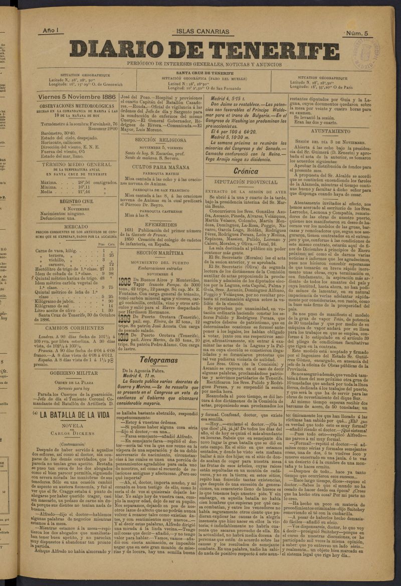 Diario de Tenerife: peridico de intereses generales, noticias y anuncios del 5 de noviembre de 1886, n 5
