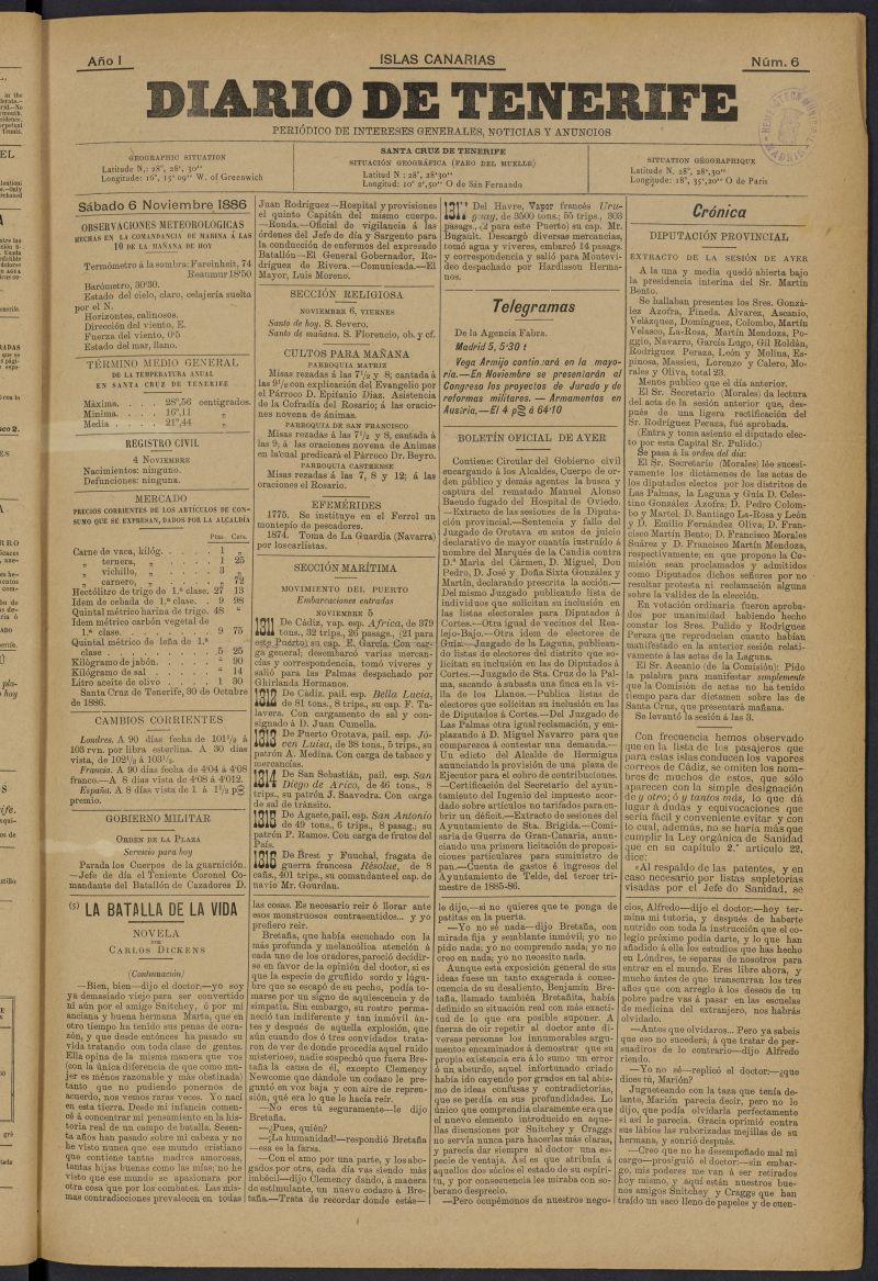 Diario de Tenerife: peridico de intereses generales, noticias y anuncios del 6 de noviembre de 1886, n 6
