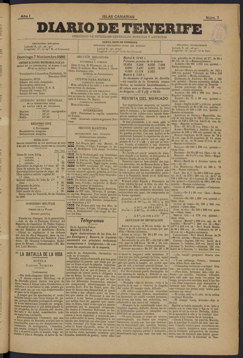 Diario de Tenerife: peridico de intereses generales, noticias y anuncios del 7 de noviembre de 1886, n 7