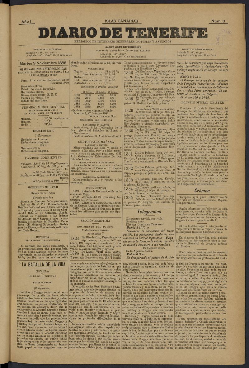 Diario de Tenerife: peridico de intereses generales, noticias y anuncios del 9 de noviembre de 1886, n 8