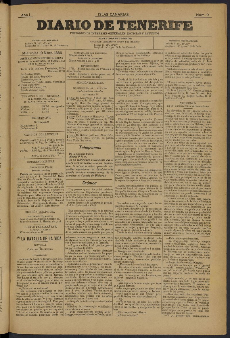 Diario de Tenerife: peridico de intereses generales, noticias y anuncios del 10 de noviembre de 1886, n 9