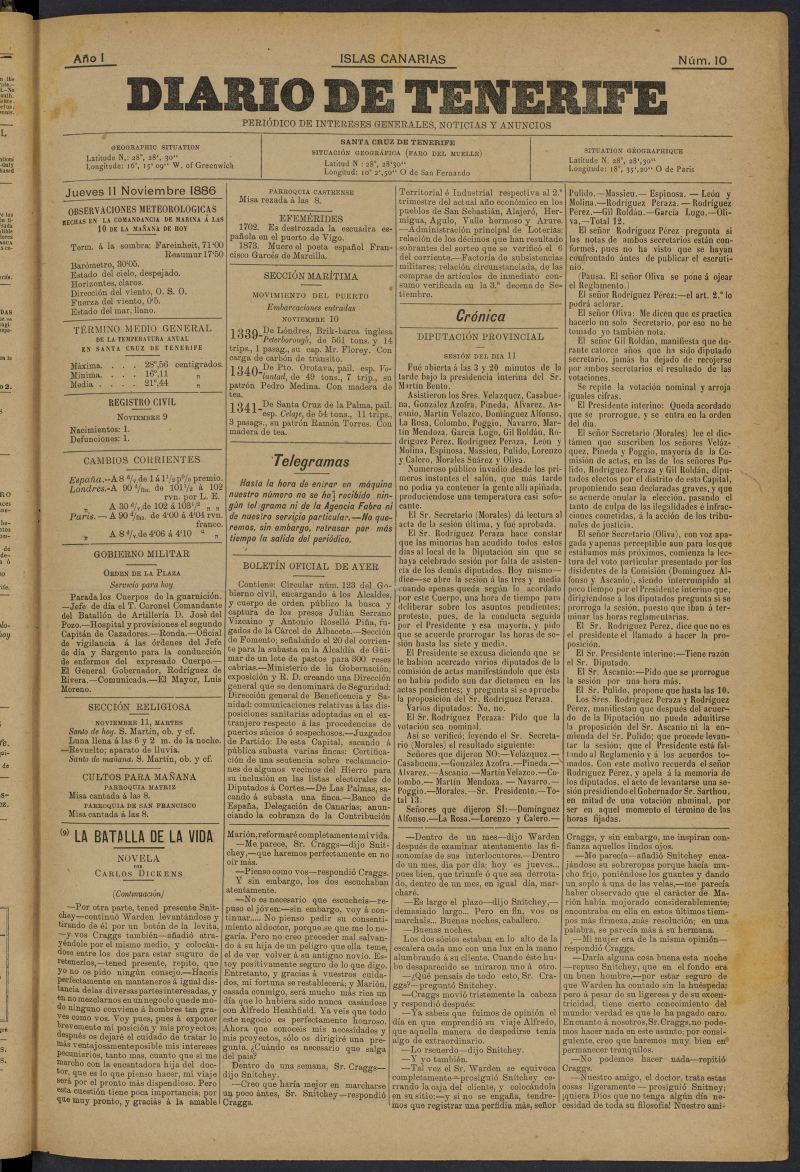 Diario de Tenerife: peridico de intereses generales, noticias y anuncios del 11 de noviembre de 1886, n 10