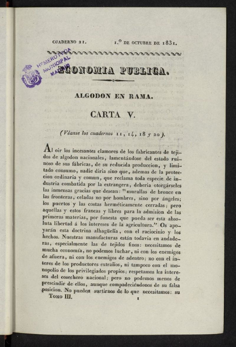 Cartas Espaolas o sea Revista Histrica, cientfica, teatral, artstica, crtica y literaria del 1 de octubre de 1831, cuaderno 21
