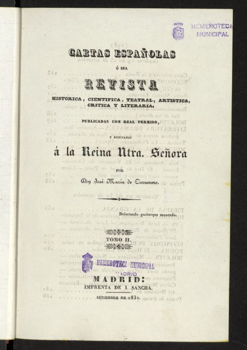 Cartas Espaolas o sea Revista Histrica, cientfica, teatral, artstica, crtica y literaria de septiembre de 1831, cuaderno 13