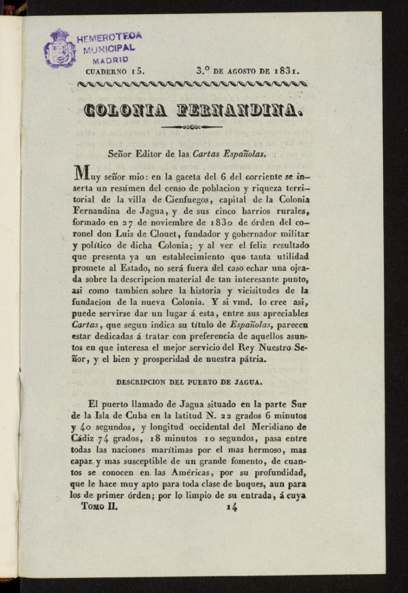 Cartas Espaolas o sea Revista Histrica, cientfica, teatral, artstica, crtica y literaria del 3 de agosto de 1831, cuaderno 15