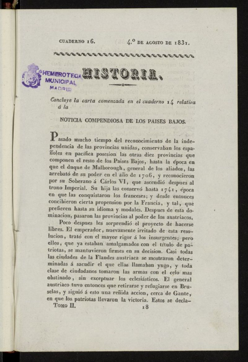 Cartas Espaolas o sea Revista Histrica, cientfica, teatral, artstica, crtica y literaria del 4 de agosto de 1831, cuaderno 16