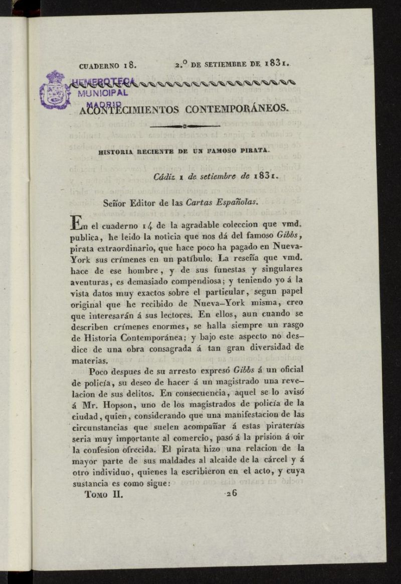 Cartas Espaolas o sea Revista Histrica, cientfica, teatral, artstica, crtica y literaria del 2 de septiembre de 1831, cuaderno 18