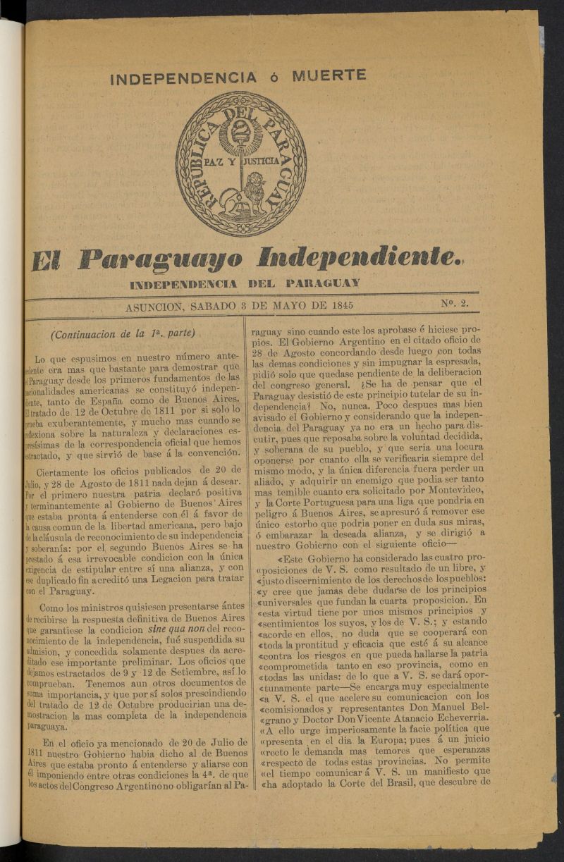 El Paraguayo Independiente: Independencia del Paraguay del 3 de mayo de 1845
