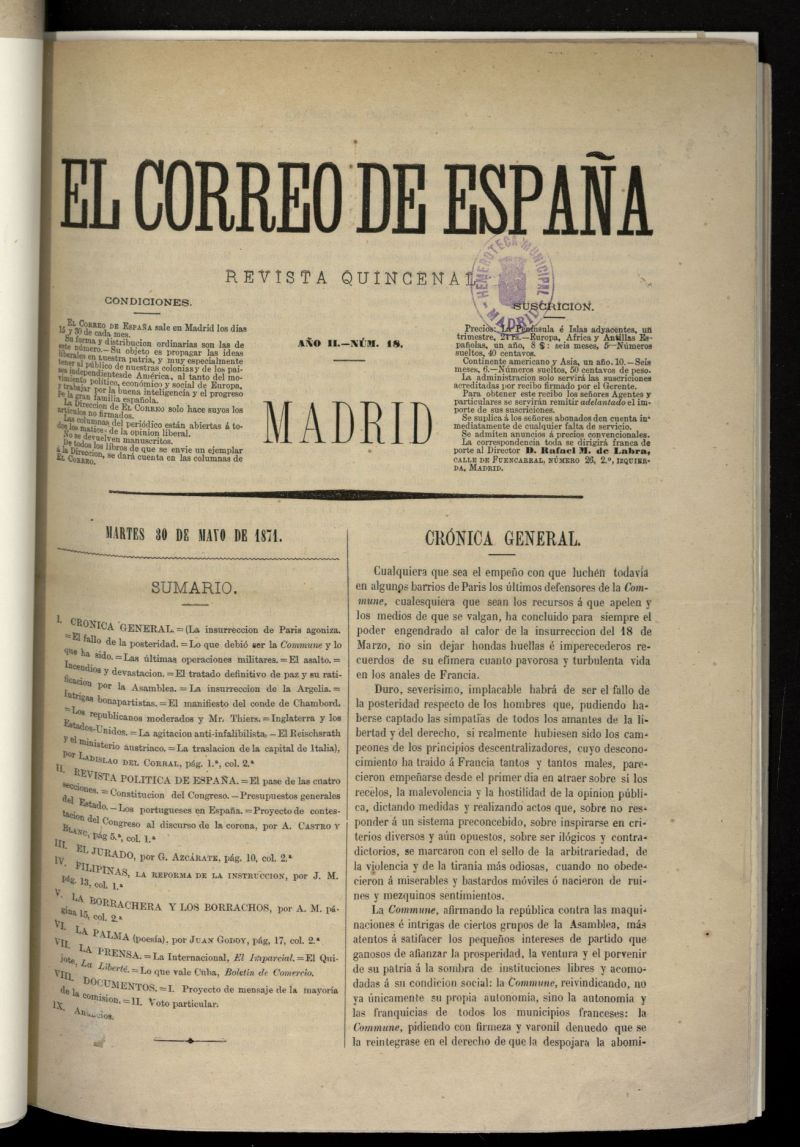 El Correo de Espaa: revista quincenal del 30 de mayo de 1871