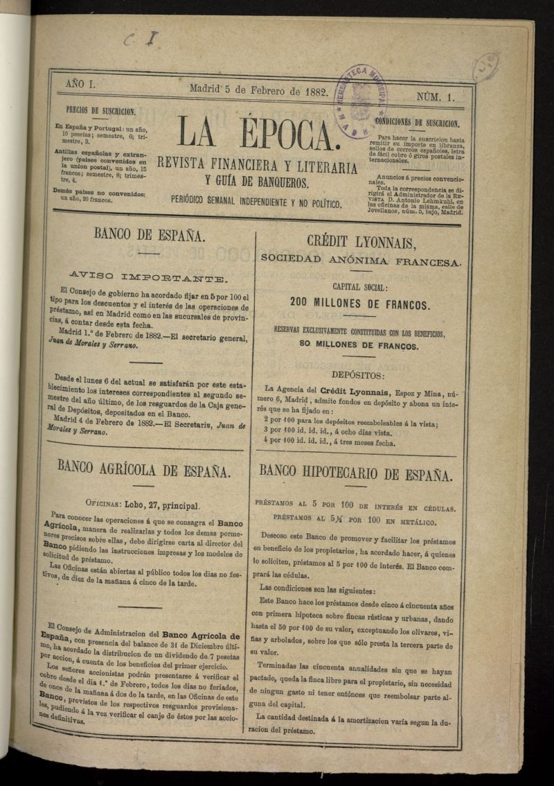 La Época: revista financiera y literaria y guía de banqueros del 5 de febrero de 1882