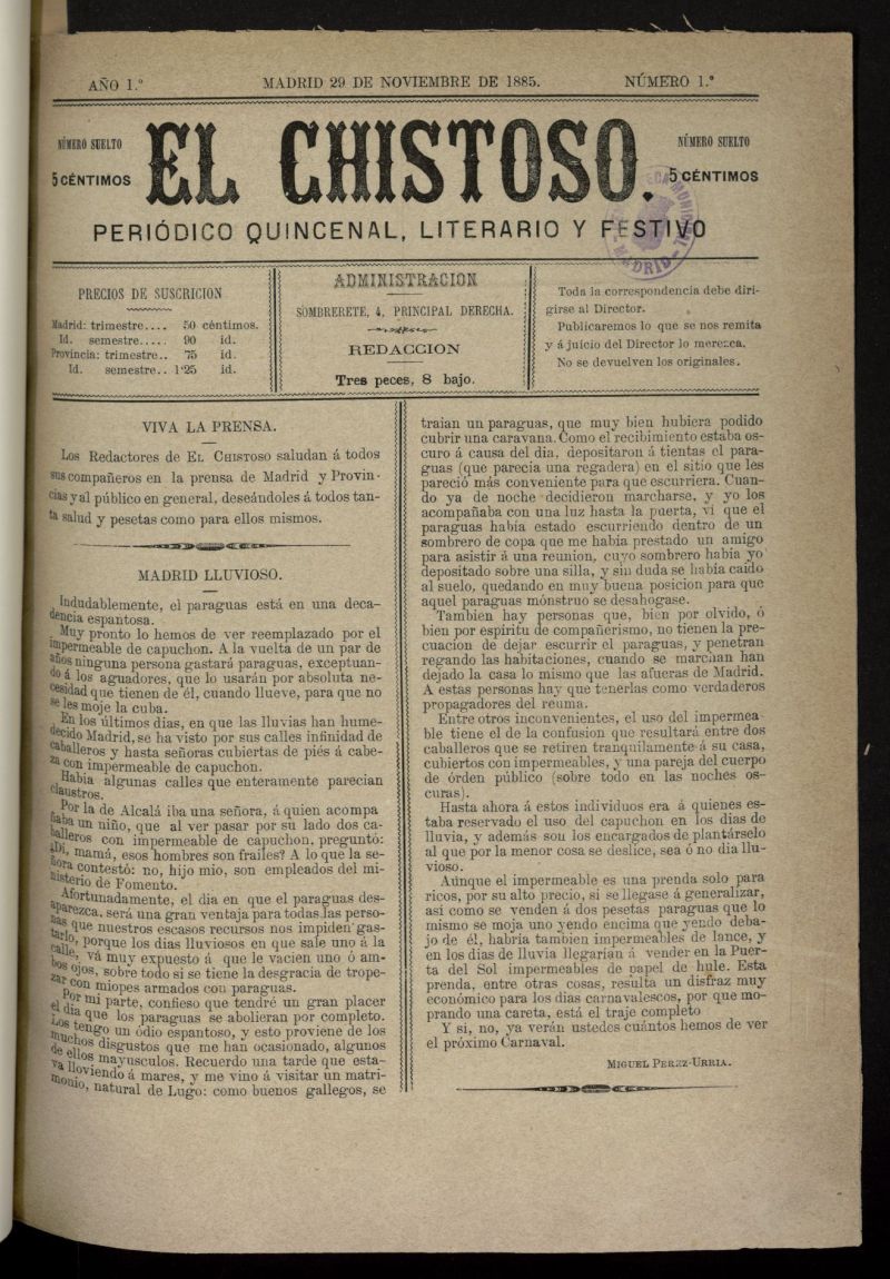 El Chistoso: peridico quincenal, literario y festivo del 29 de noviembre de 1885