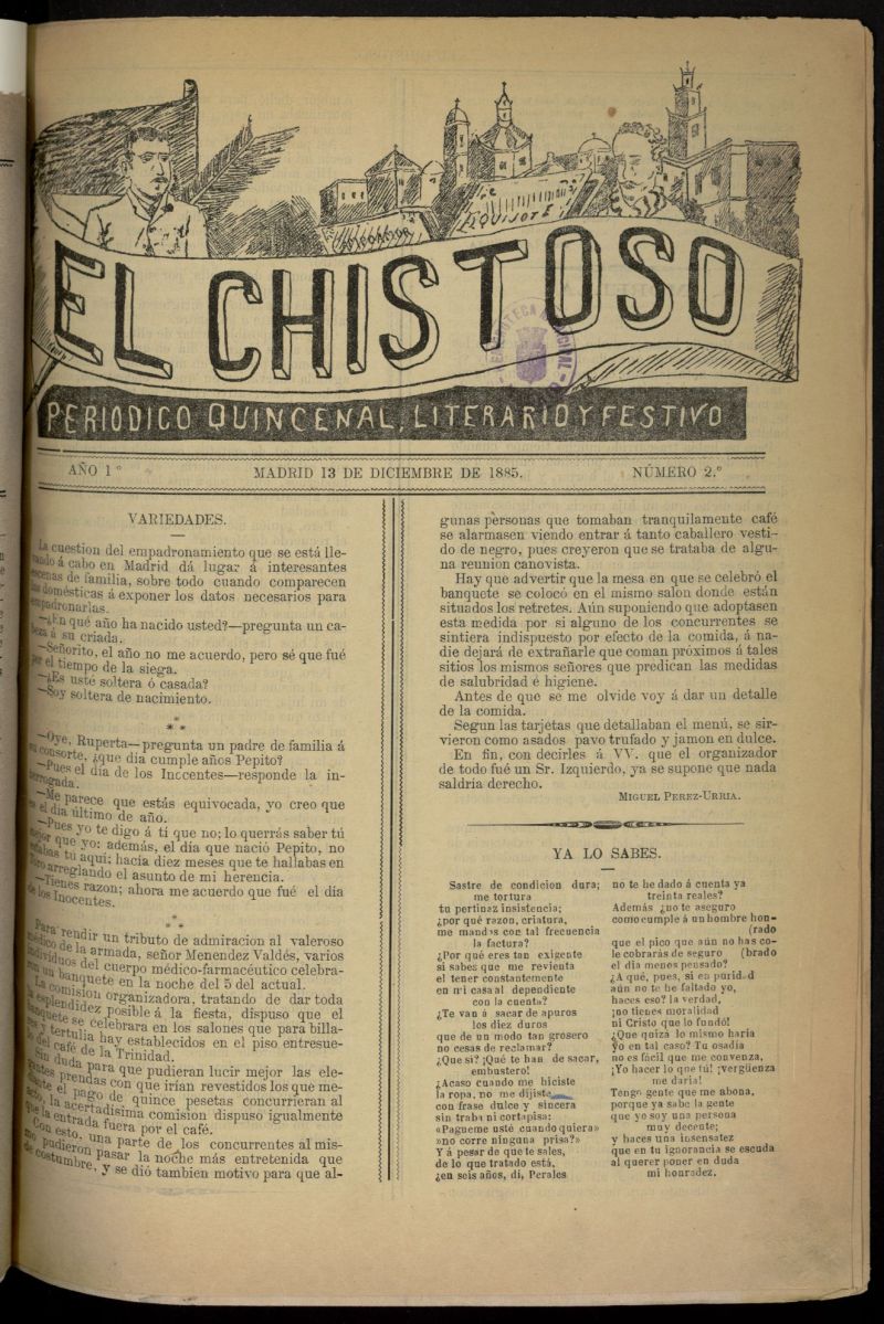 El Chistoso: peridico quincenal, literario y festivo del 13 de diciembre de 1885