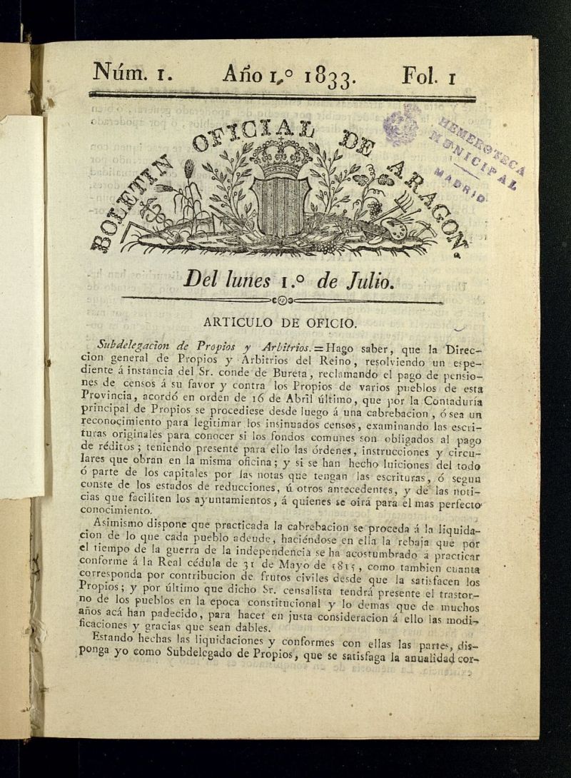 Boletn Oficial de Aragn del 1 de julio de 1833, n 1