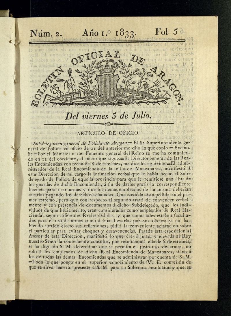 Boletn Oficial de Aragn del 5 de julio de 1833, n 2
