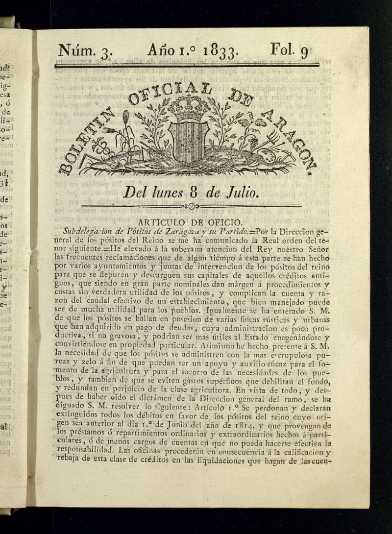 Boletn Oficial de Aragn del 8 de julio de 1833, n 3