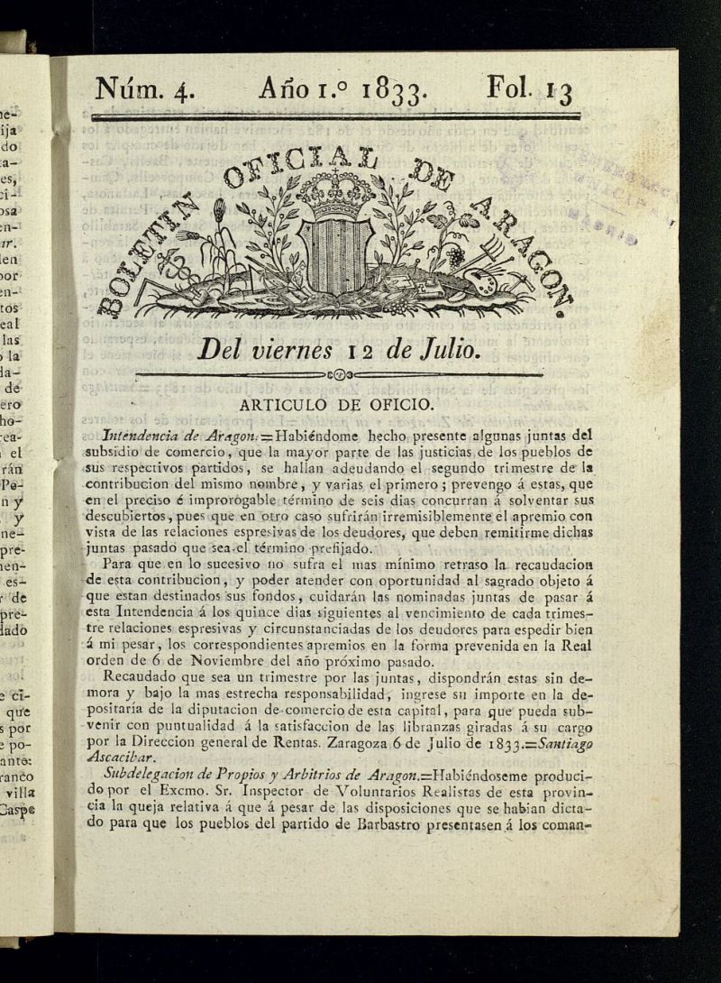Boletn Oficial de Aragn del 12 de julio de 1833, n 4