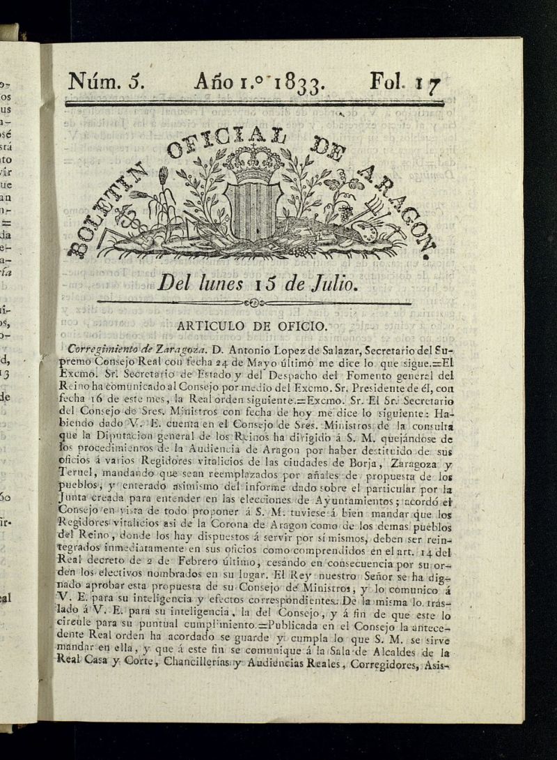 Boletn Oficial de Aragn del 15 de julio de 1833, n 5
