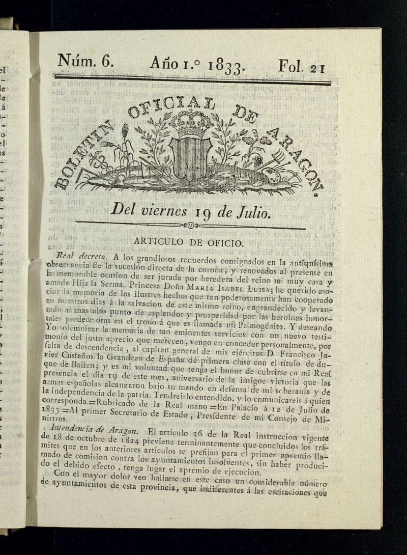 Boletn Oficial de Aragn del 19 de julio de 1833, n 6