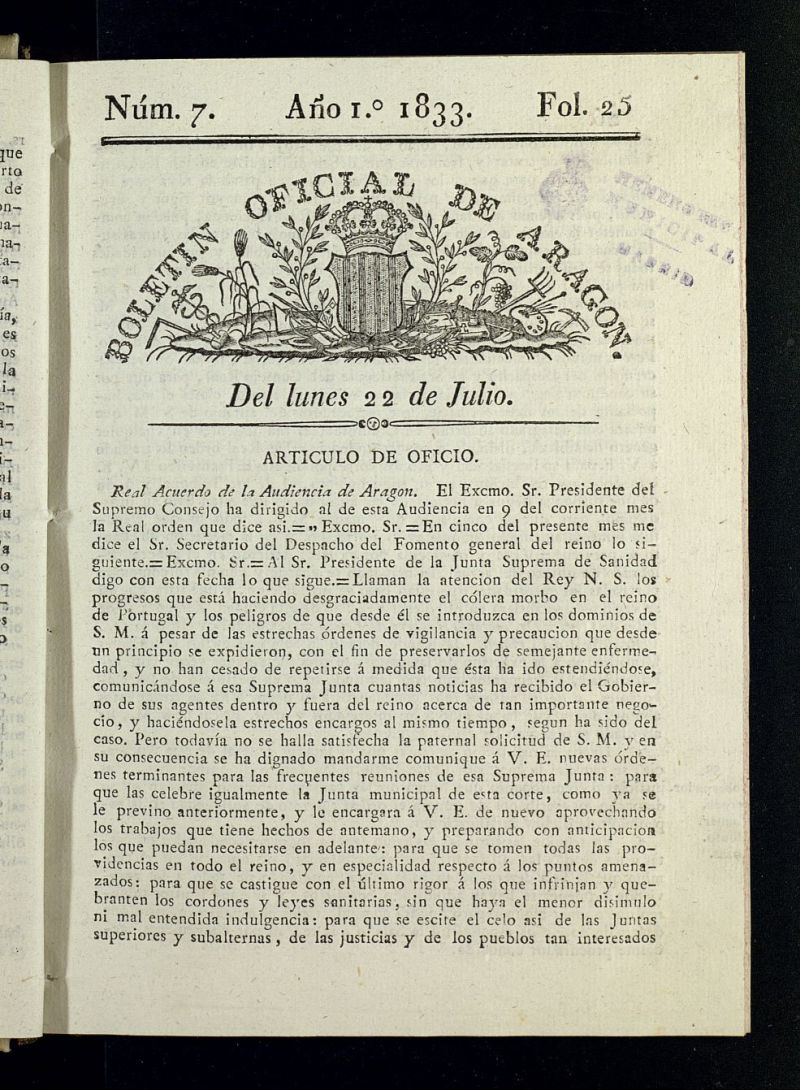 Boletn Oficial de Aragn del 22 de julio de 1833, n 7