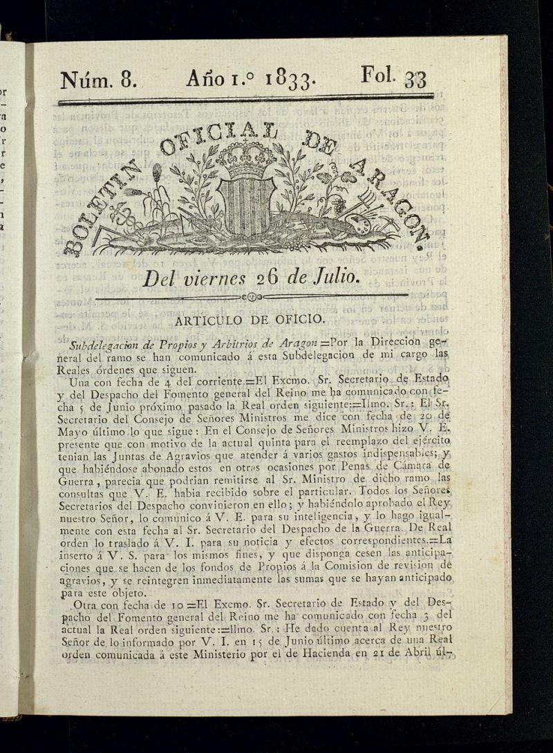Boletn Oficial de Aragn del 26 de julio de 1833, n 8