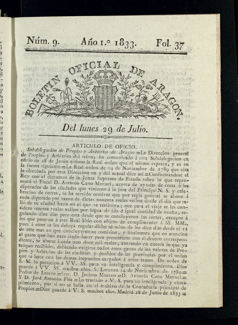 Boletn Oficial de Aragn del 29 de julio de 1833, n 9