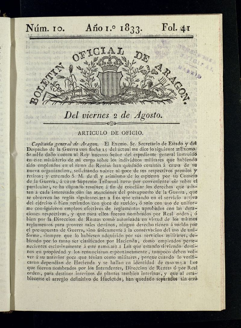 Boletn Oficial de Aragn del 2 de agosto de 1833, n 10