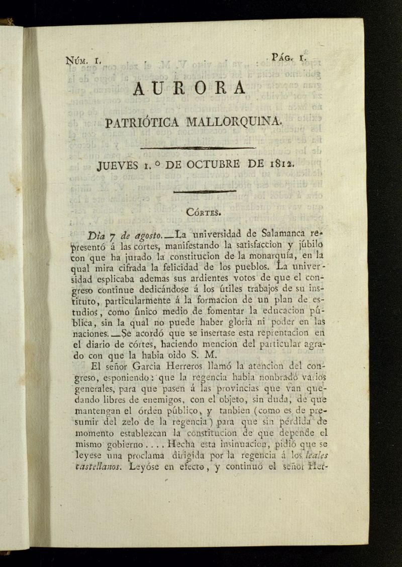 Aurora Patritica Mallorquina del 1 de octubre de 1812, n 1