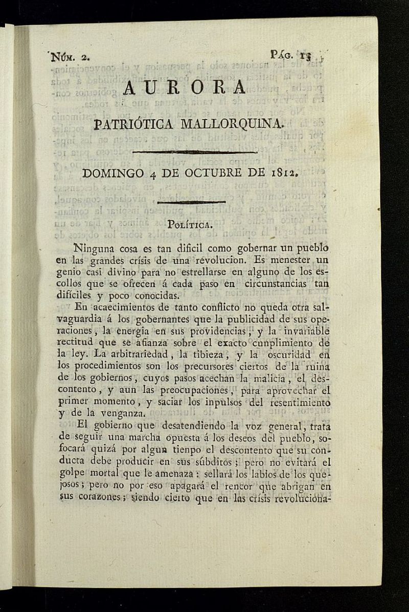 Aurora Patritica Mallorquina del 4 de octubre de 1812, n 2