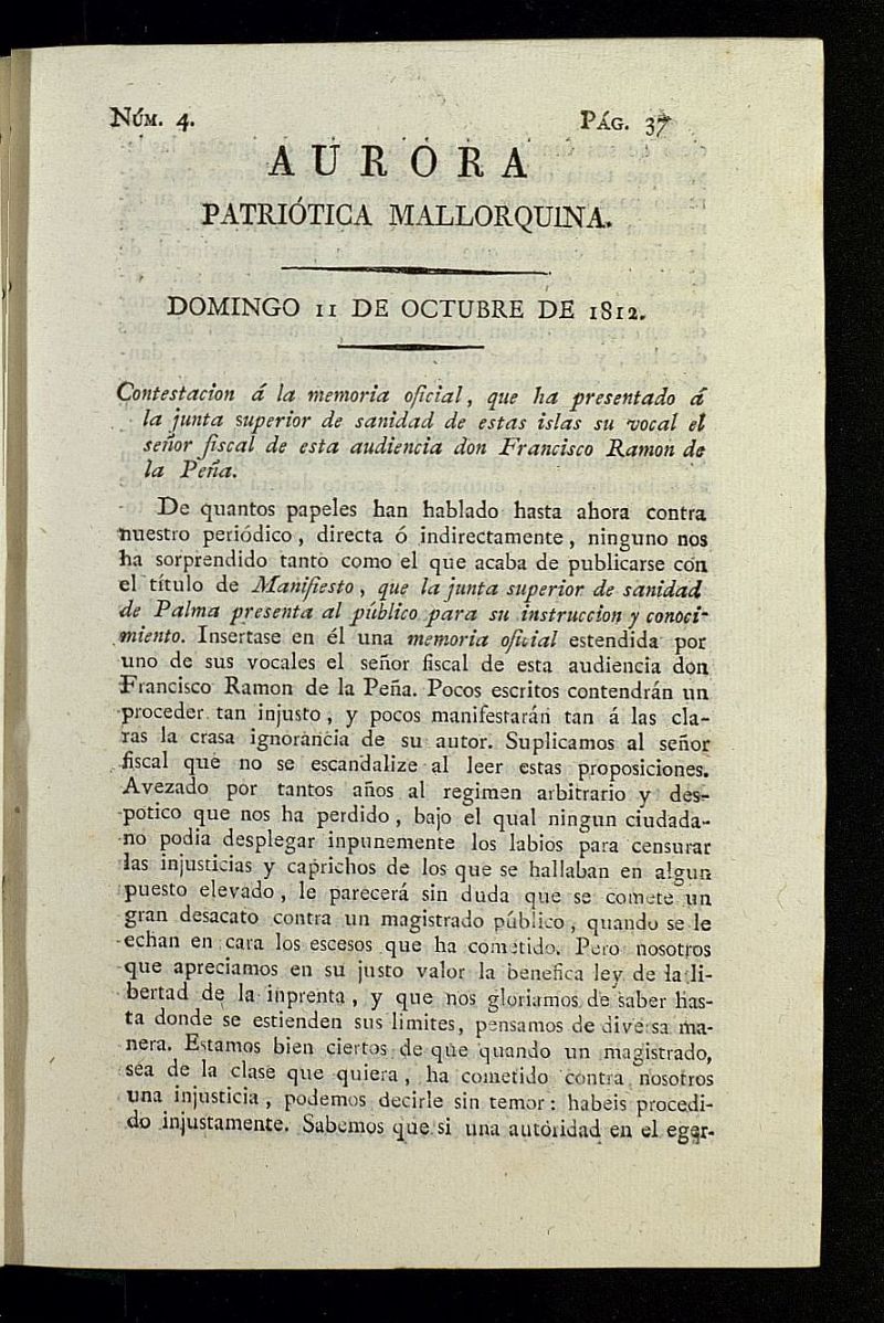 Aurora Patritica Mallorquina del 11 de octubre de 1812, n 4
