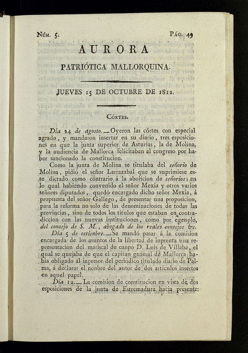 Aurora Patritica Mallorquina del 15 de octubre de 1812, n 5