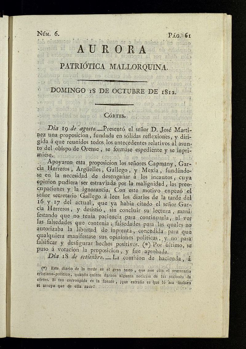 Aurora Patritica Mallorquina del 18 de octubre de 1812, n 6
