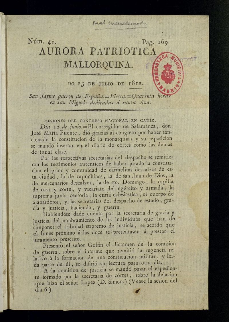 Aurora Patritica Mallorquina del 25 de julio de 1812, n 41