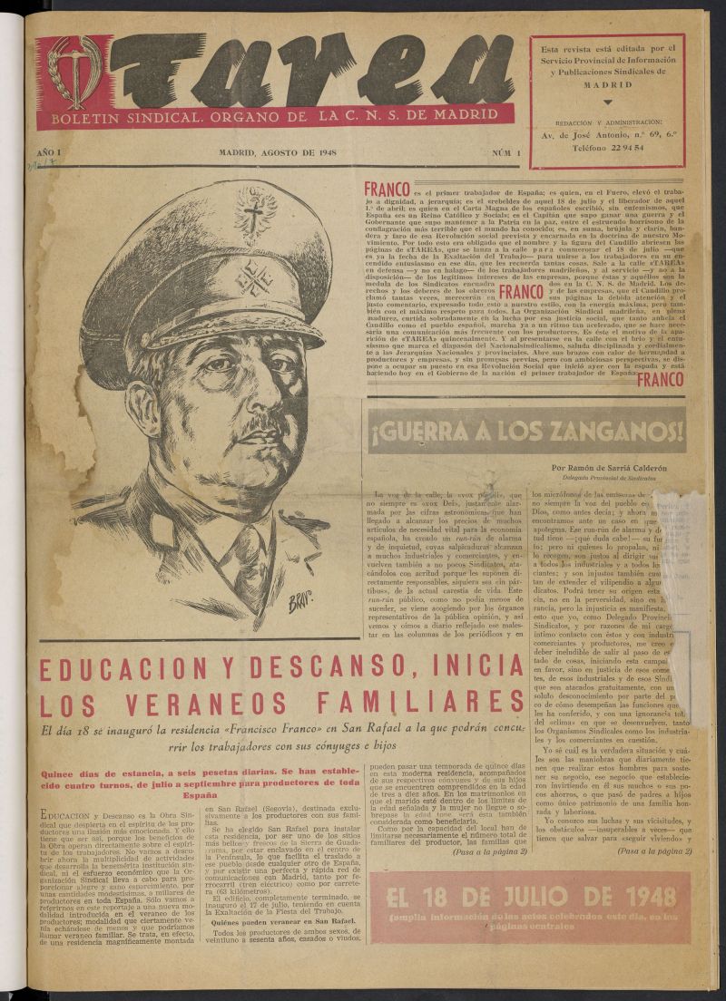 Tarea: boletín sindical, órgano de la CNS de Madrid de agosto de 1948