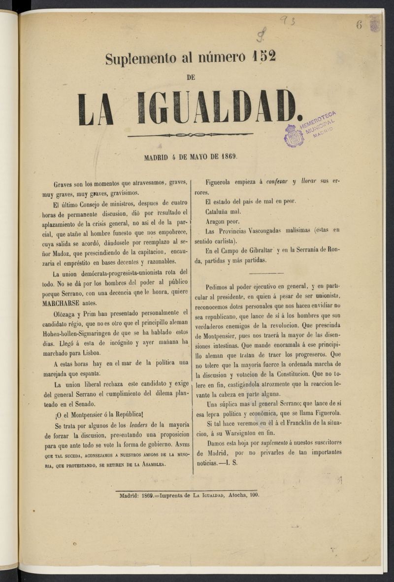 La Igualdad: diario democrtico-republicano del 4 de mayo de 1869, suplemento al n 152
