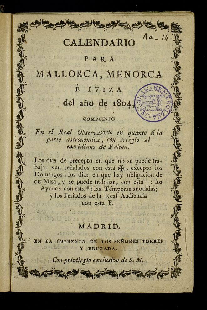 Calendario para Mallorca, Menorca  Iviza[sic] del ao de 1804