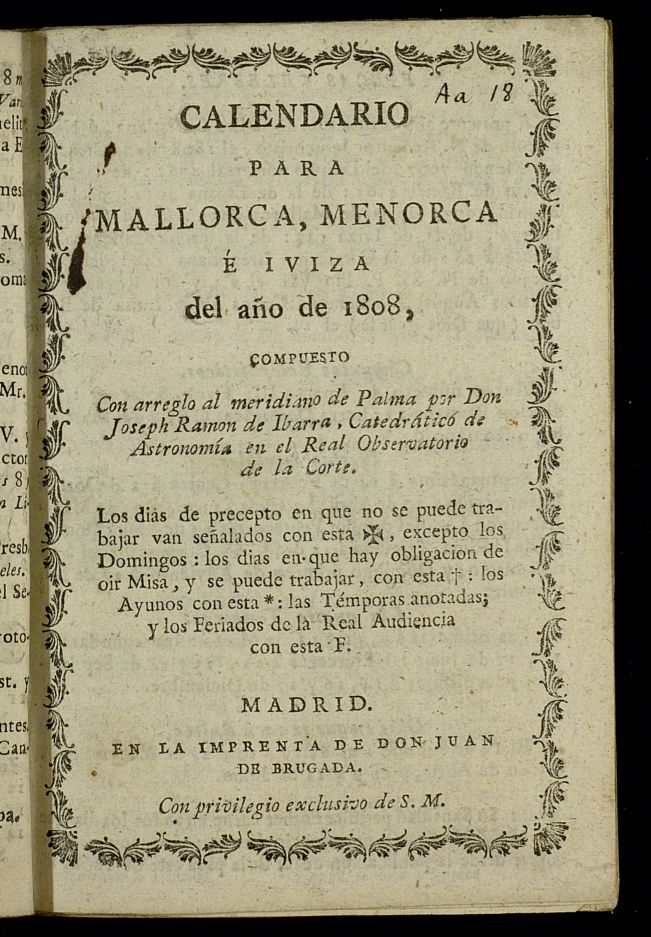 Calendario para Mallorca, Menorca  Iviza[sic] del ao de 1808