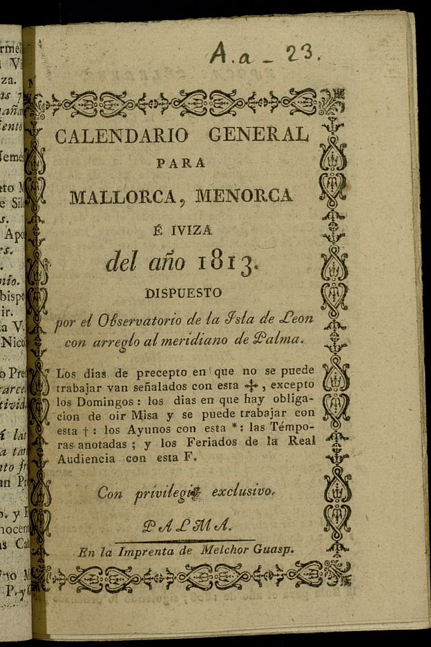 Calendario para Mallorca, Menorca  Iviza[sic] del ao de 1813